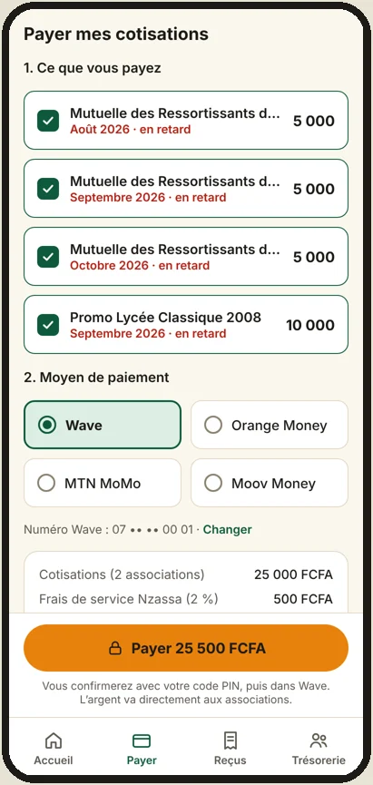 Écran de paiement : échéances cochées, choix de Wave, frais de service affichés